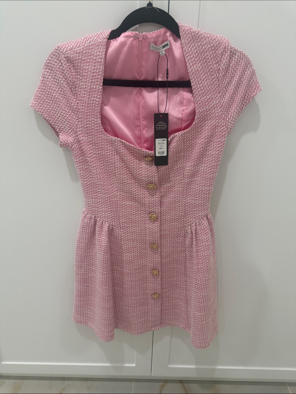 Fashion Nova Pink Tweed Mini Dress with Gold Buttons